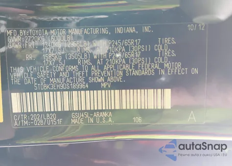 2013 Toyota Highlander Se V6 z USA, uszkodzony, nr VIN 5TDBK3EH9DS189964